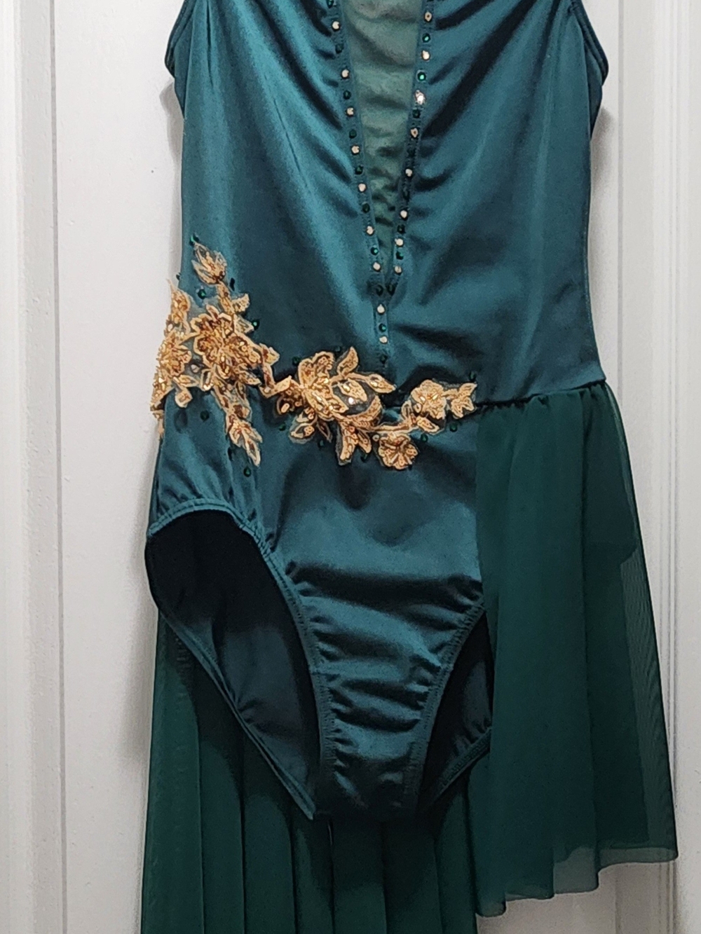 Emerald Green Dance Costume with Gold Appliqué